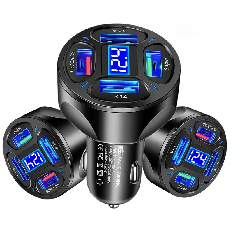 66W Multi-Port USB Car Charger 4 Ports Fast Charging Auto Adapter LED Battery Voltage Display 12V 24V For Phone Dash Cam view 6