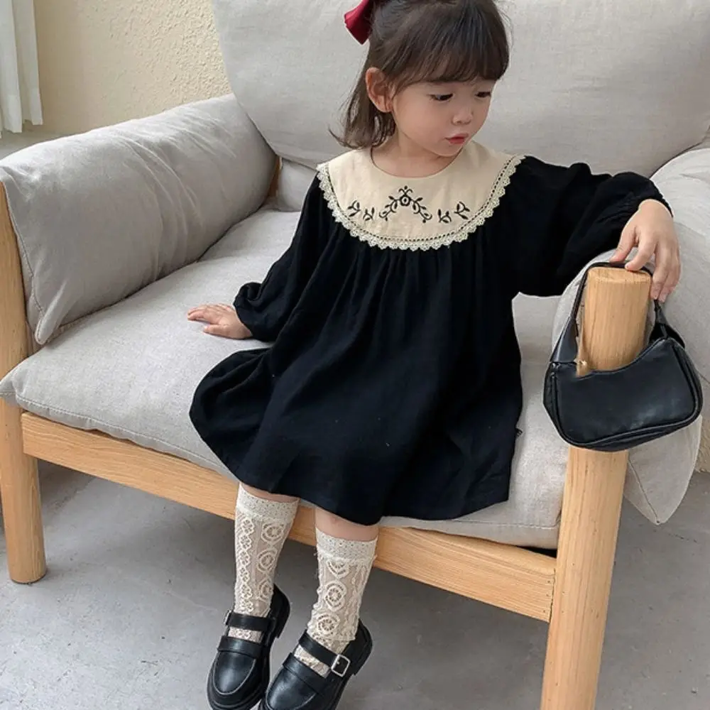 

Кружевное платье принцессы с вышитыми цветами, свободное длинное платье трапециевидной формы для девочек, милое детское праздничное платье с длинными рукавами в балетном стиле