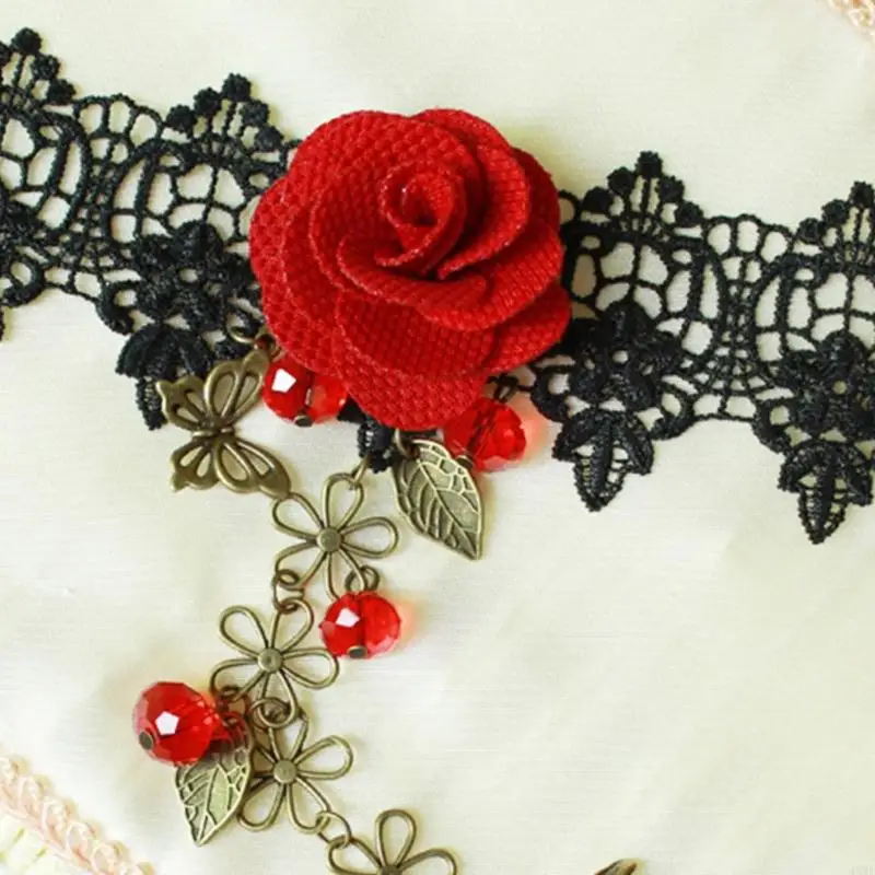 

49MF Gothic Retro-Rose Bracelet with Finger Ring Sweet Wedding Lace Bracelet Jewelry
