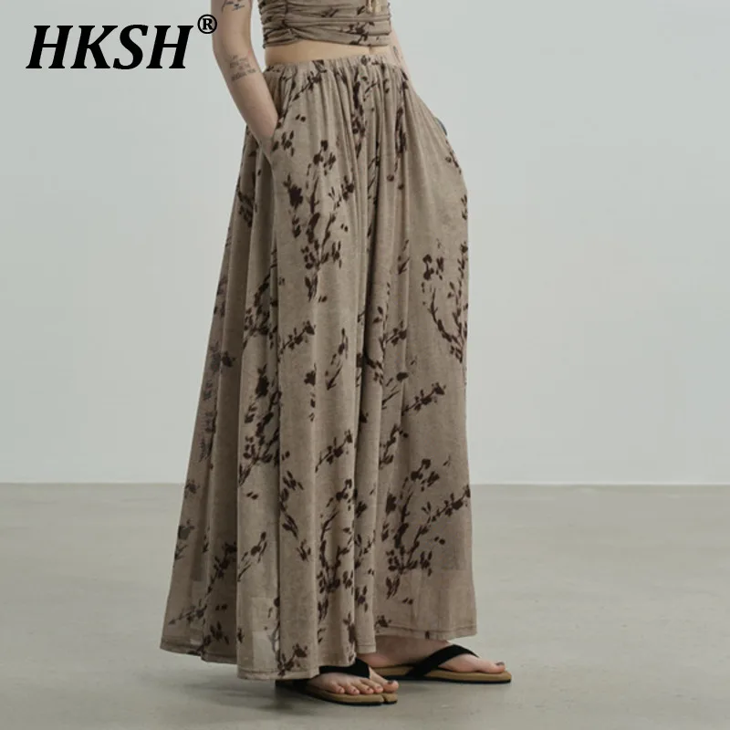 

HKSH Spring Summer New Women Vacation Tide High Street Skirt Casual Ins Fashion Elegant Elastic Waist Printed Long Skirts HK5942