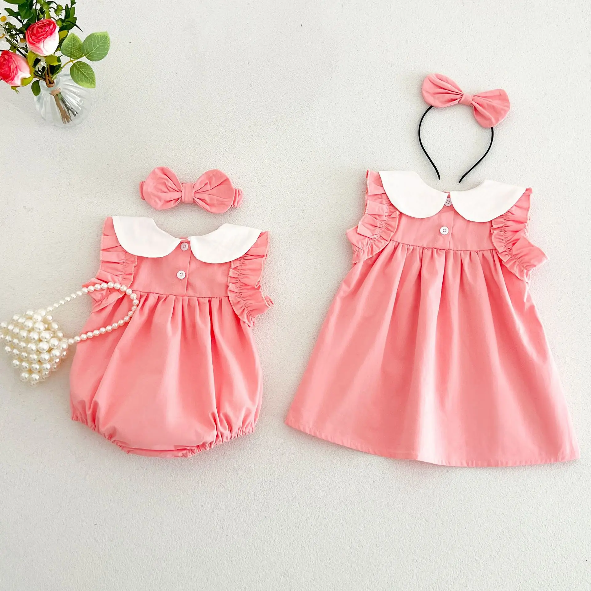 Girls Sisters Dress Summer Bow Sweet Cute Baby Neck Dress Baby Cute Casual One Piece Dress