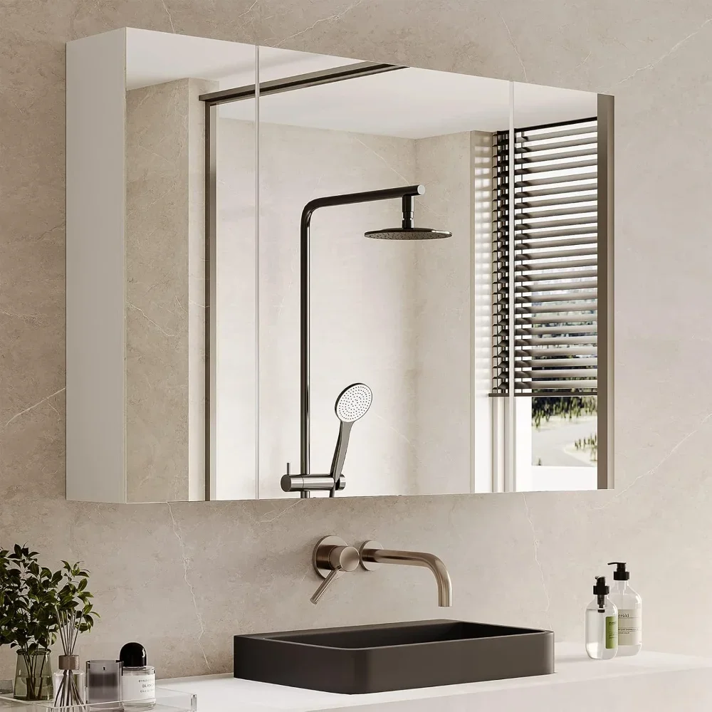 

Medicine Cabinets Bathroom Mirror Cabinet with3 Door Bathroom Wall Cabinet Wall Mirror Storage Shelf with 3-Adjustable Shelves