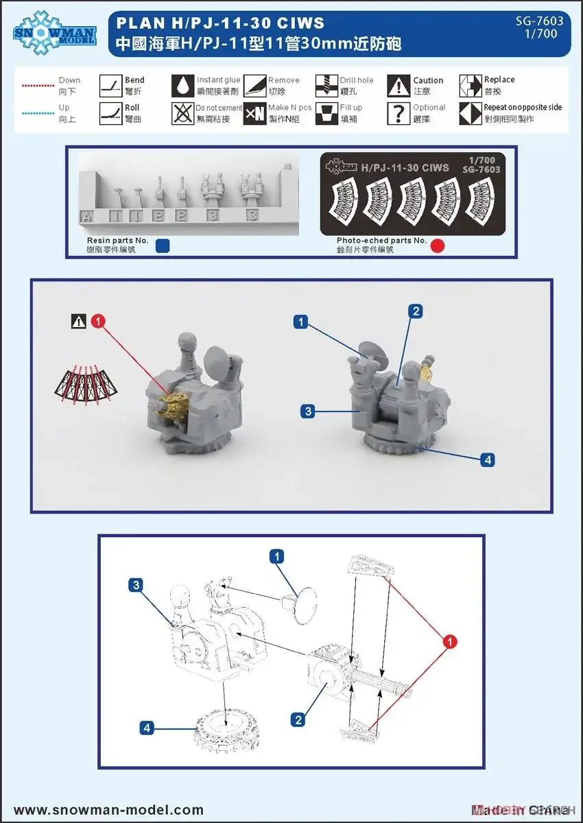 رجل الثلج SG-7603 1:700 مقياس البحرية الصينية H/PJ-11-30mm قريب مضاد للبندقية 4 قطعة