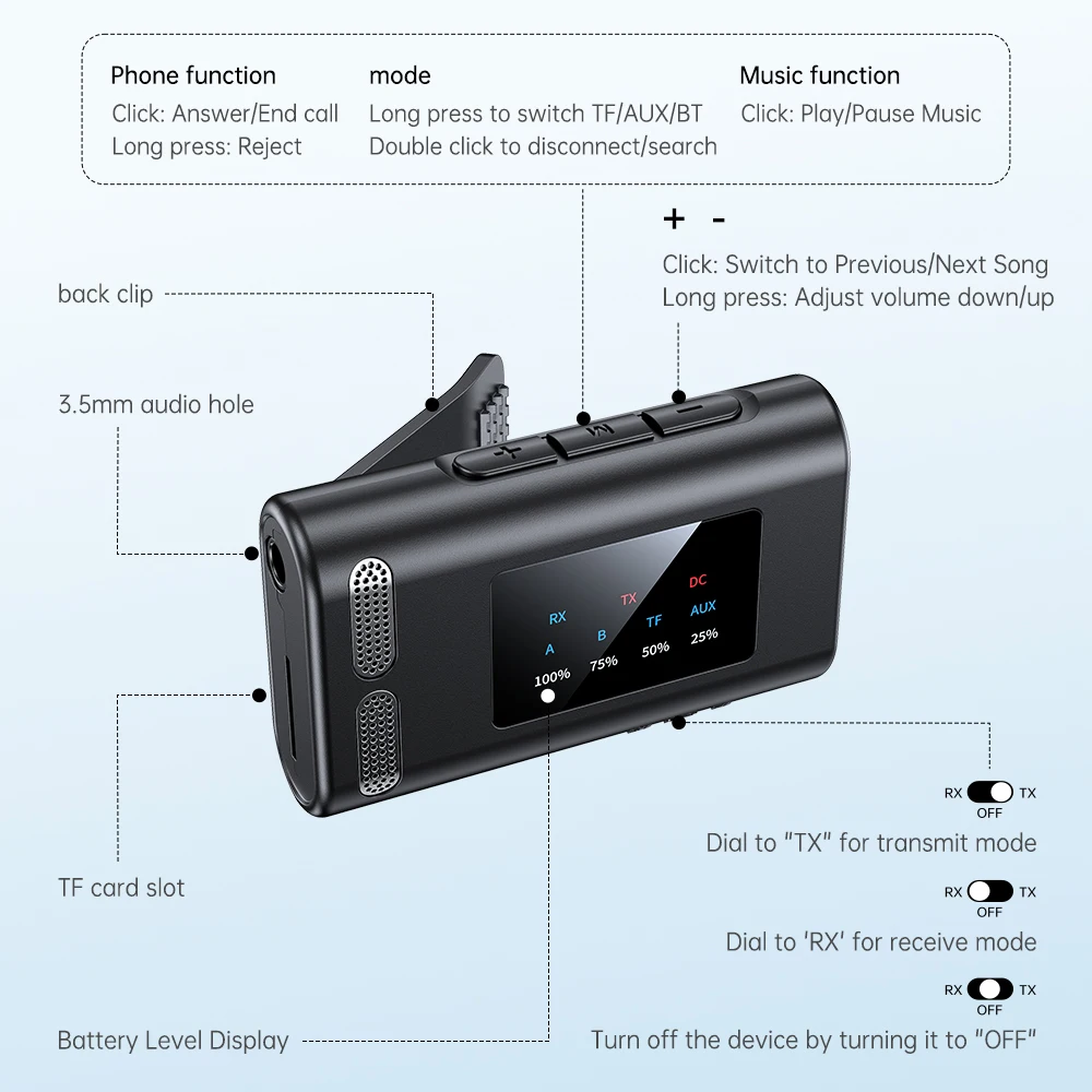 Bluetooth 6.0 2-in-1 Transceiver Wireless Adapter, 3.5mm Audio AUX Adapter, Dual Receiver and Dual Transmitter for Mobile Phone - view 4