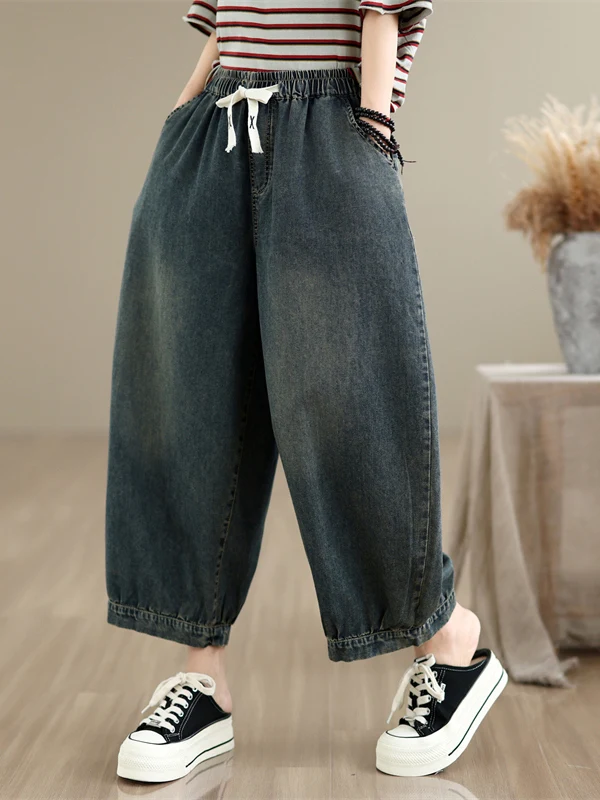 

Retro plus Size Women's Denim Wide Leg Balloon Pants Summer Elastic Waist Belted Conceal Meat Slimming Casual Nine Point Jeans