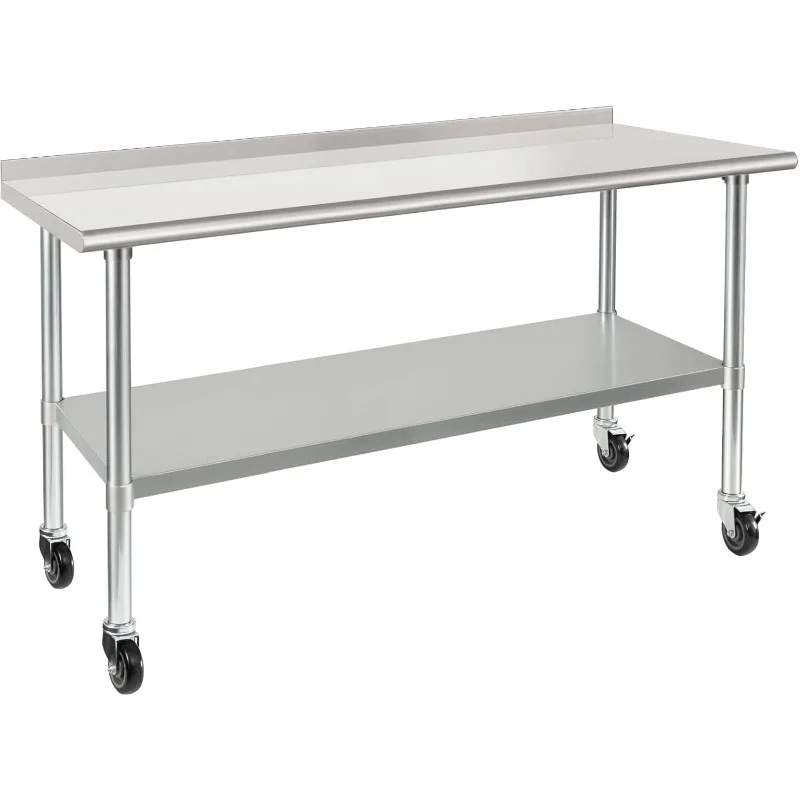 

Steel Table with Wheels Casters NSF Heavy Duty Commercial Prep Table with 2” Backsplash and Adjustable Undershelf