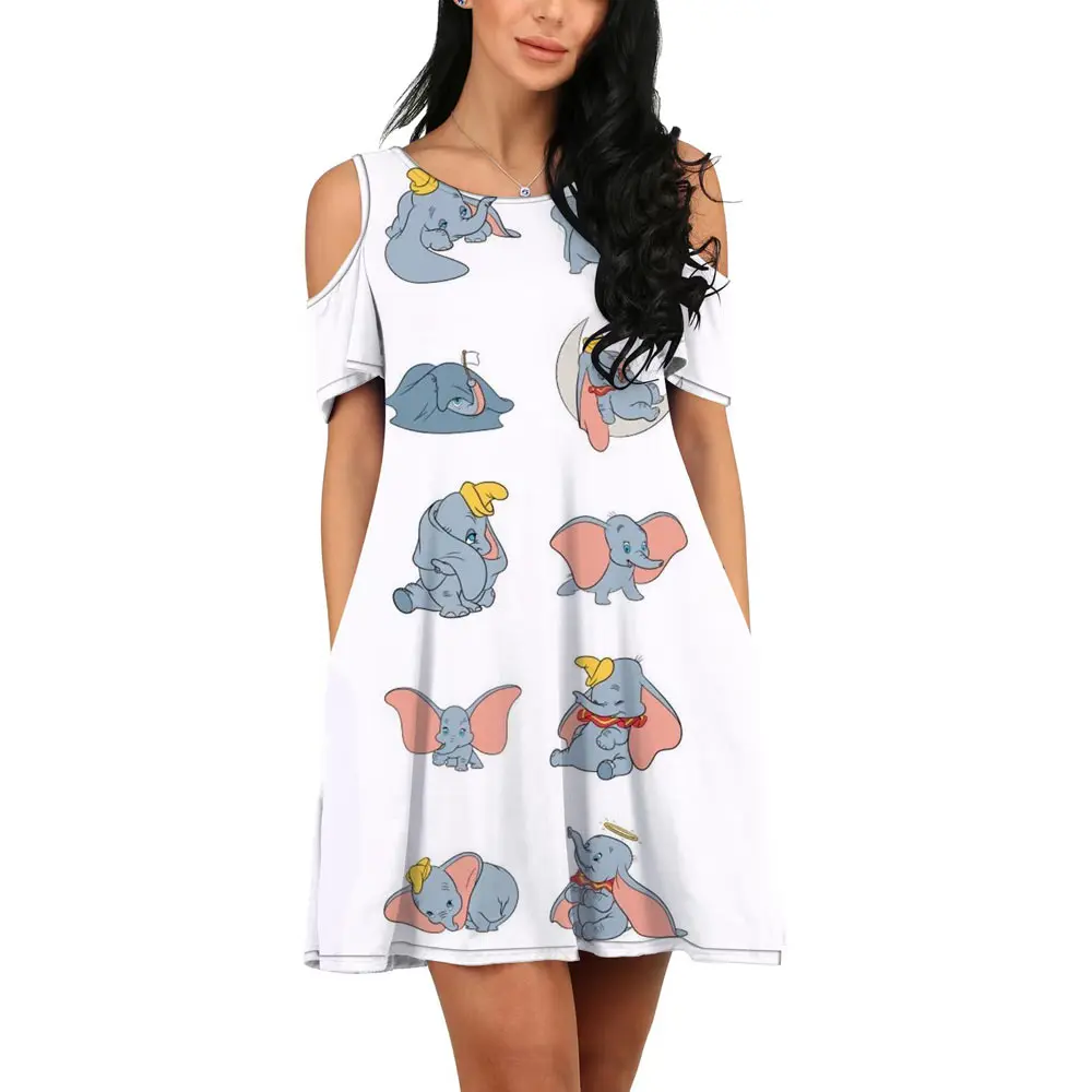 Summer 2022 Streetwear Disney Brand Dumbo Mickey and Minnie Anime New Ladies Casual O Neck 3D Print Sexy Off Shoulder Dress y2k