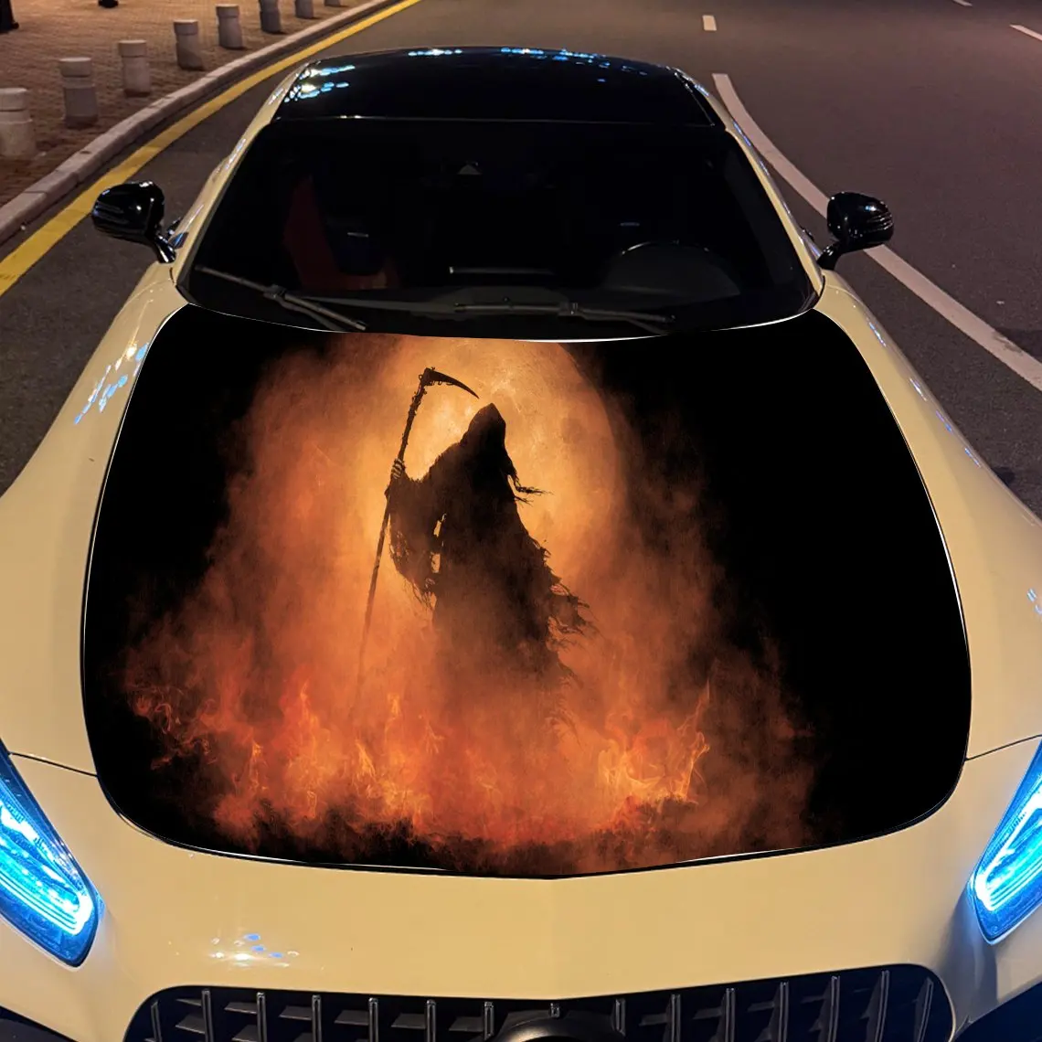 

Наклейка на капот двигателя автомобиля Fierce Grim Reaper Flames, автоматические виниловые обертки, водонепроницаемая самоклеящаяся наклейка на автомобиль, прочная и устойчивая к царапинам