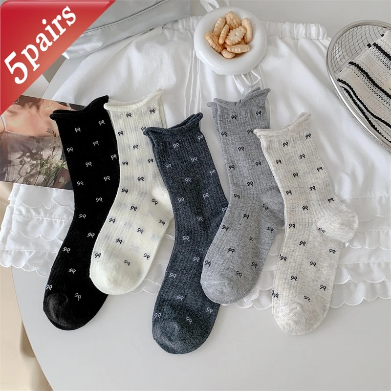 

5 Pairs Women's Socks Set Korean Bow Fashion Simple Cute Sweet Kawaii Versatile Pile Socks Summer Breathable Mesh Socks For Girl
