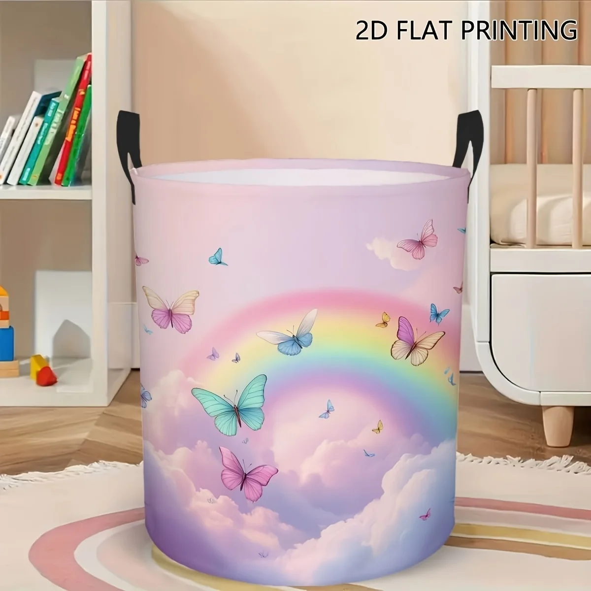 Butterfly Rainbow Cloud Storage Basket with Handle Large Round Foldable Storage Bin with Sturdy Handle Suitable for Home