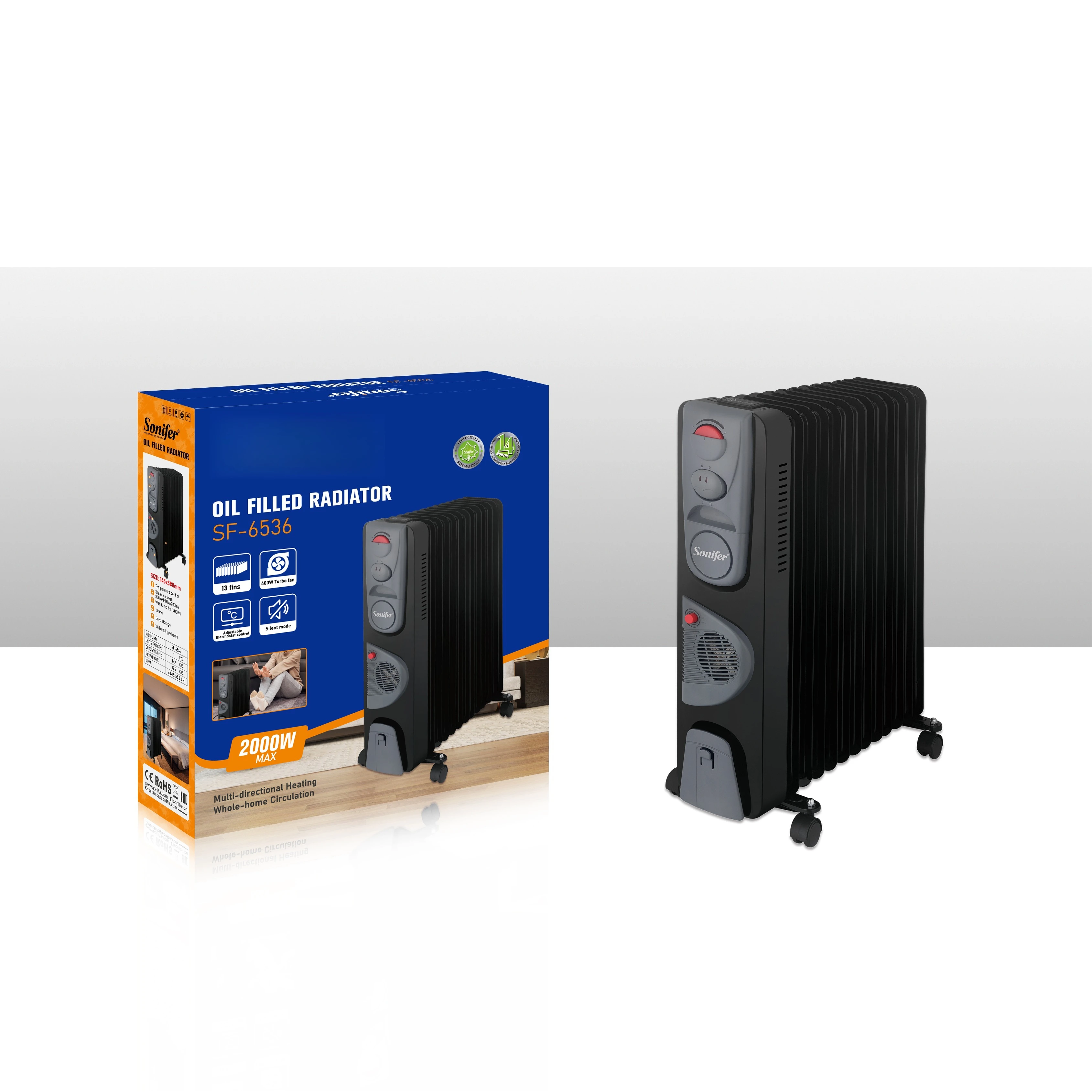 2000W Oil-Filled Radiator 13 Fins Electric Room Heater  Adjustable Thermostat Freestanding