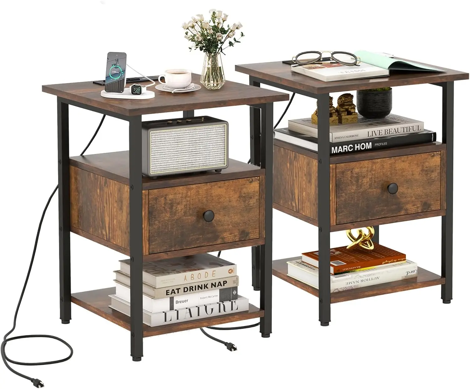 

Nightstand with Charging Station, Industrial Narrow End Table with Drawer and Storage Shelves, 3 Tier Bedside Table