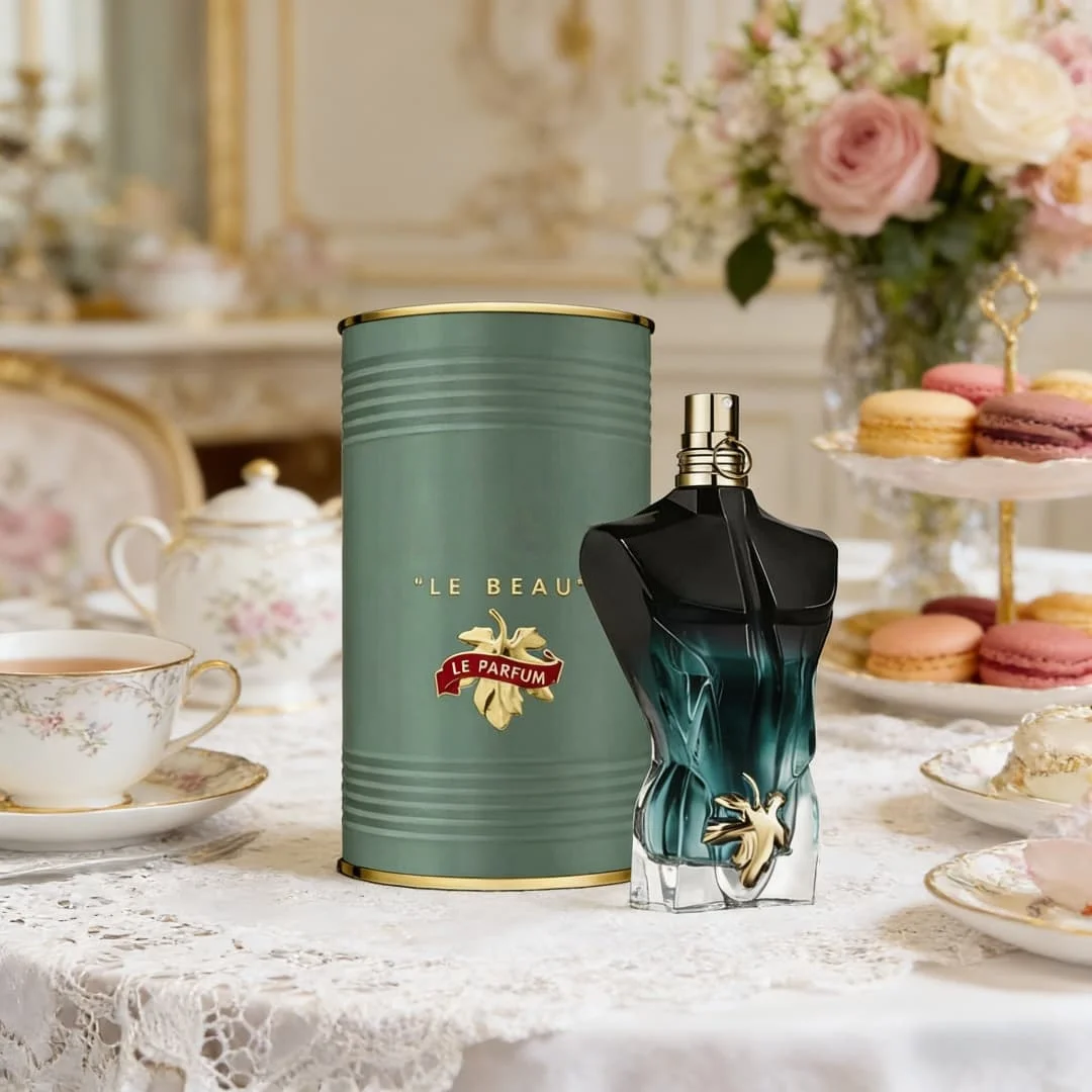 Jean Paul Gaultier Le Beau Le Parfum EDP | Botella con diseño degradado, notas ricas de coco y madera, ambiente masculino y soleado.