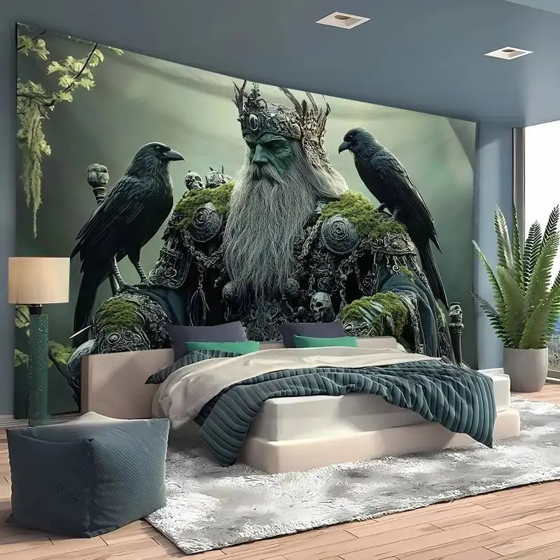 1pc Viking Warrior And Crows Tapestry Wall Hanging Intricate Norse Mythology Design With Skull Motifs Crow Throne Art Durab