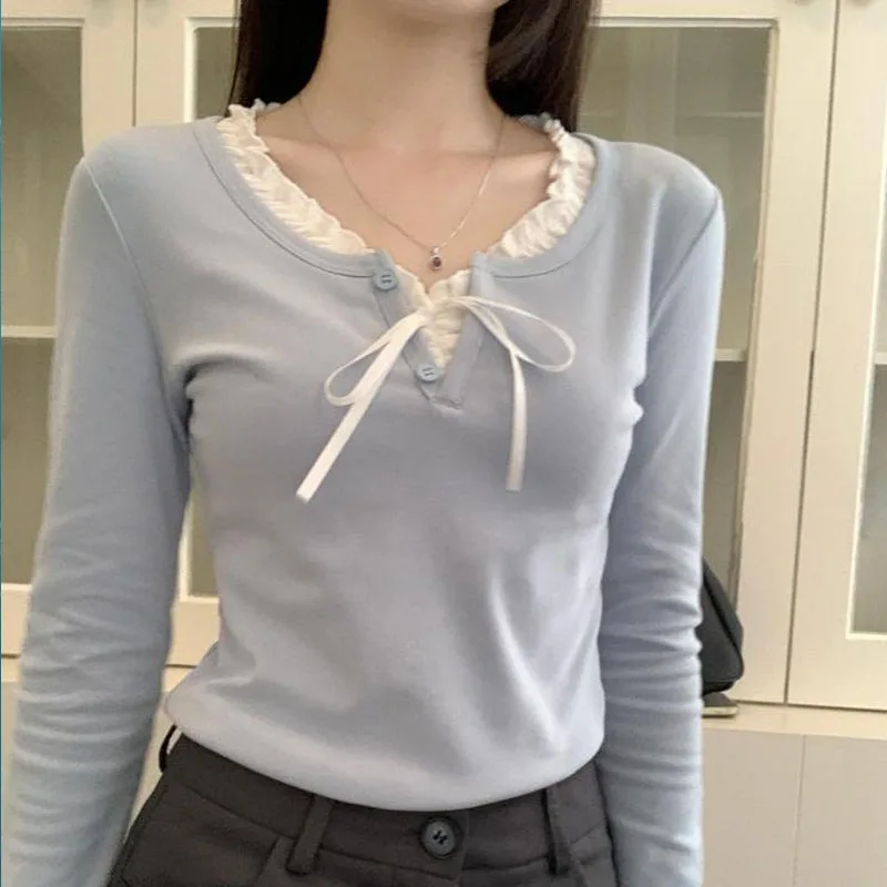 Preppy Style Sanding Thin Velvet Lace Patchwork Long Sleeved T-shirt Women New Comfortable Slim Contrasting Colors Underlay Tops