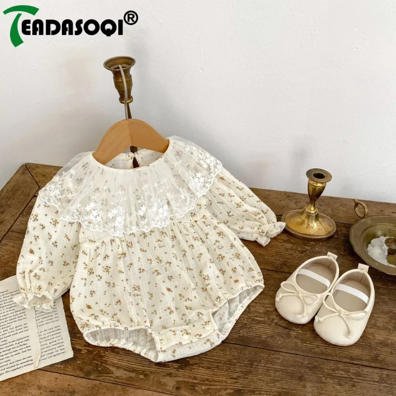 

2024 Autumn Newborn Baby Girls Autumn Floral Full Sleeve Crepe Lace One-piece Overalls - Toddler Cotton Kids Bodysuits 0-2Y