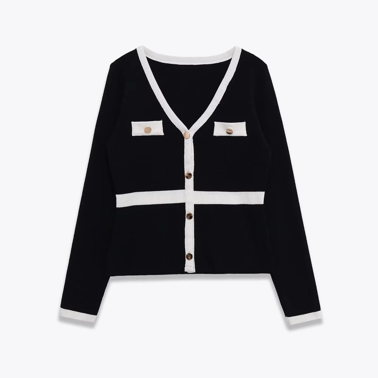 

2025 Winter New Women's Casual Fashion Simple Versatile V-neck Long Sleeve Color Block Striped Slim Fit Button-up Knit Top