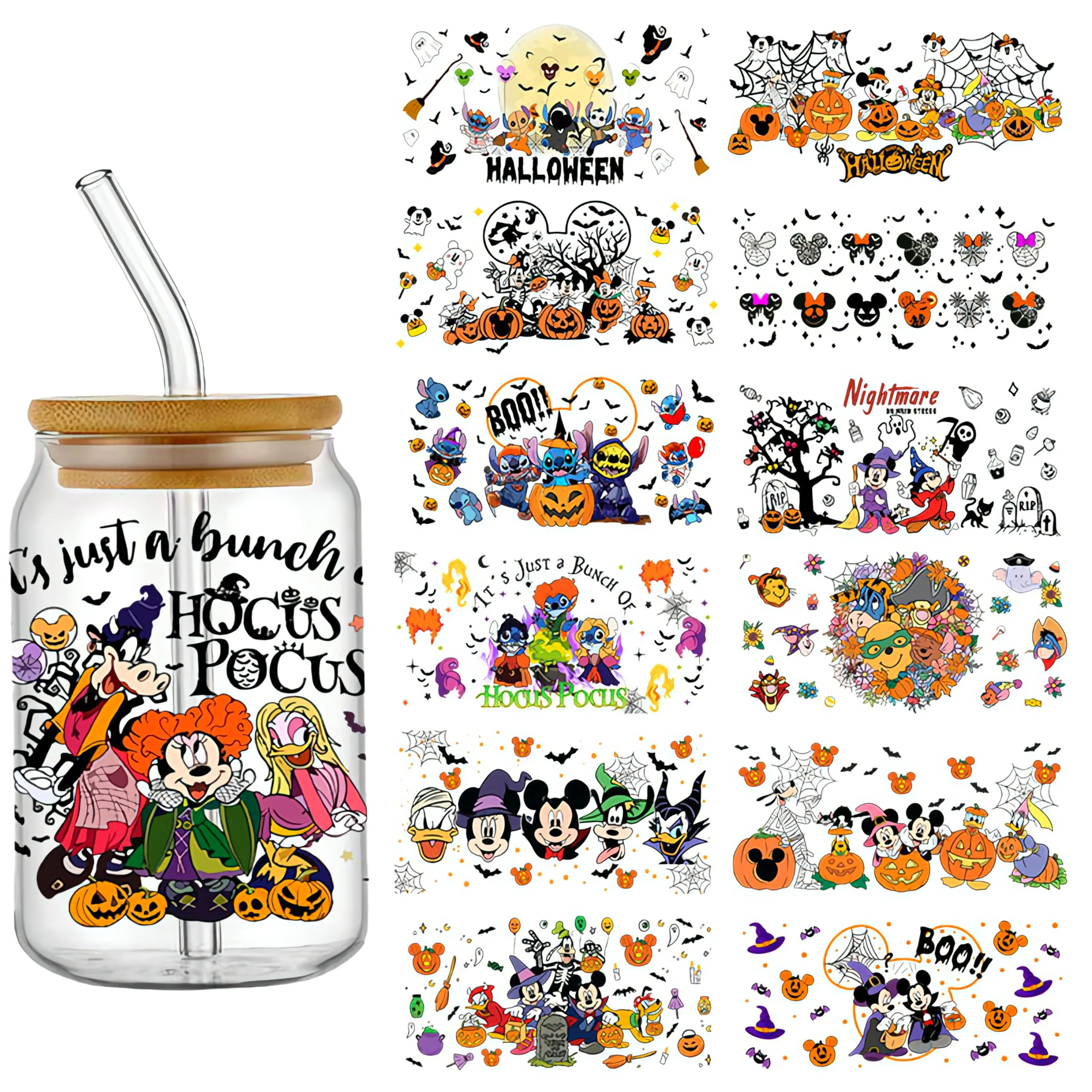 

Disney Hallowee Mickey Stitch Hocus Pocus 16OZ UV DTF Cup Wraps Transfer Sticker For Glass Libbey Can Bottle Washable DIY Custom