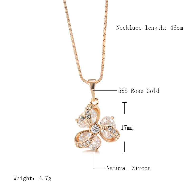 Wbmqda 585 Rose Gold Color Luxury Crystal Flower Necklace Pendant For Women With White Natural Zircon 2023 Trendy Neck Chain