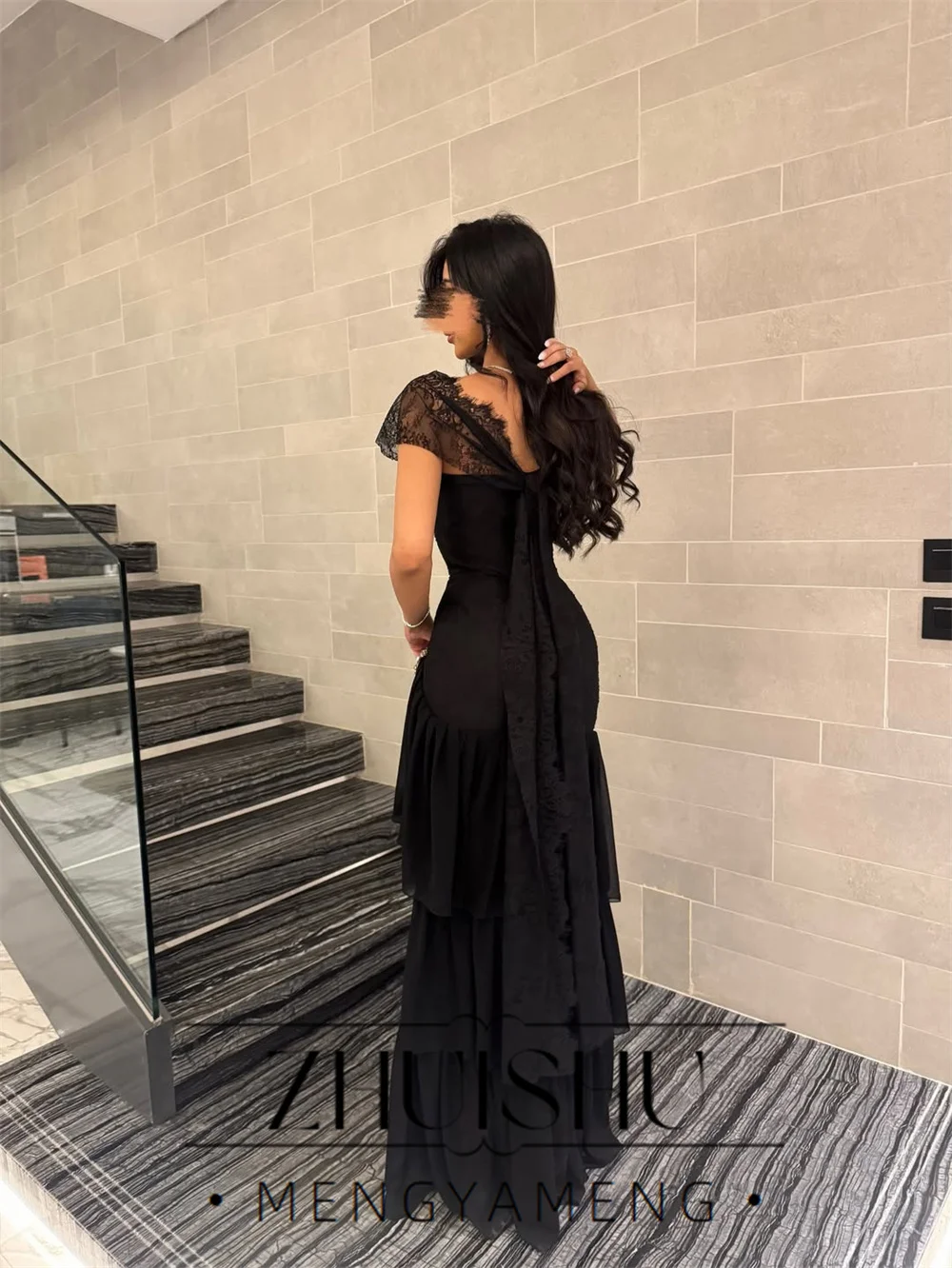 ZHUISHU Vintage Black Lace Mermaid Evening Dress Square Collar Pleat Tiered Customized Formal Party Gowns Vestido De Festa