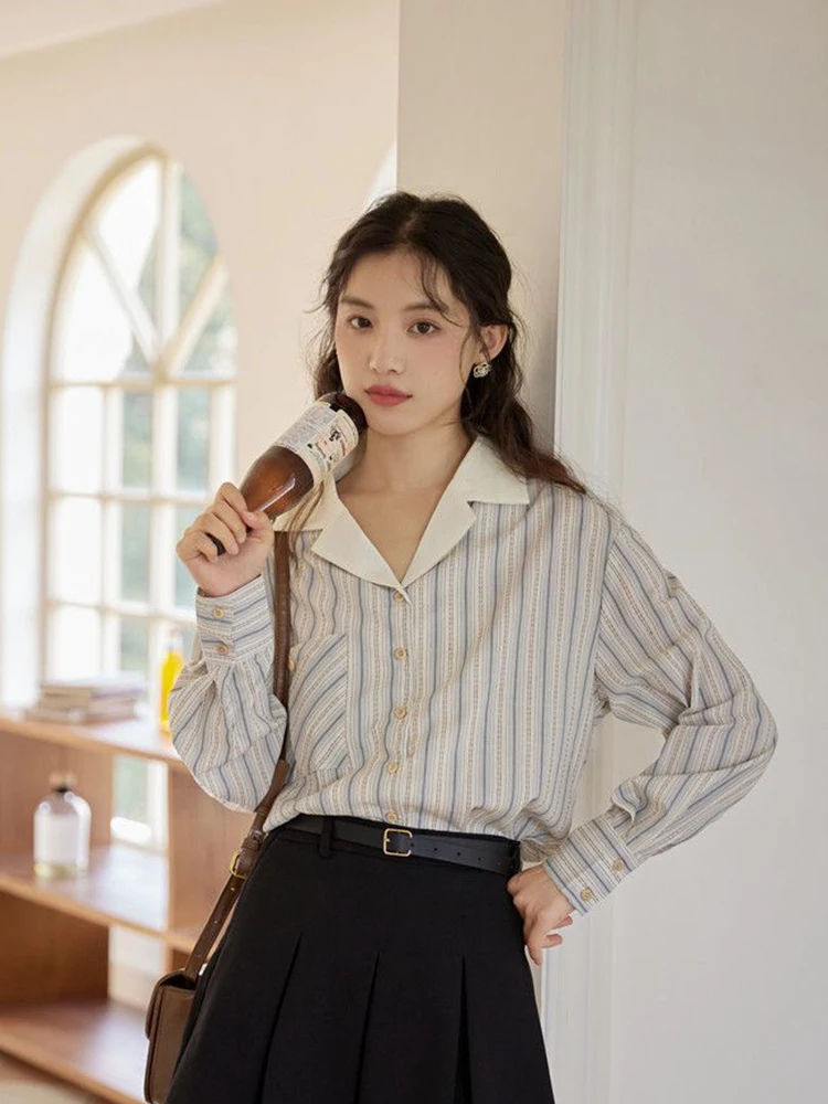 Japanese Striped Fall Shirt Vintage Pure Cotton Women Simple Casual Blouse Office Lady Loose Notched Collar Long Sleeve Tops