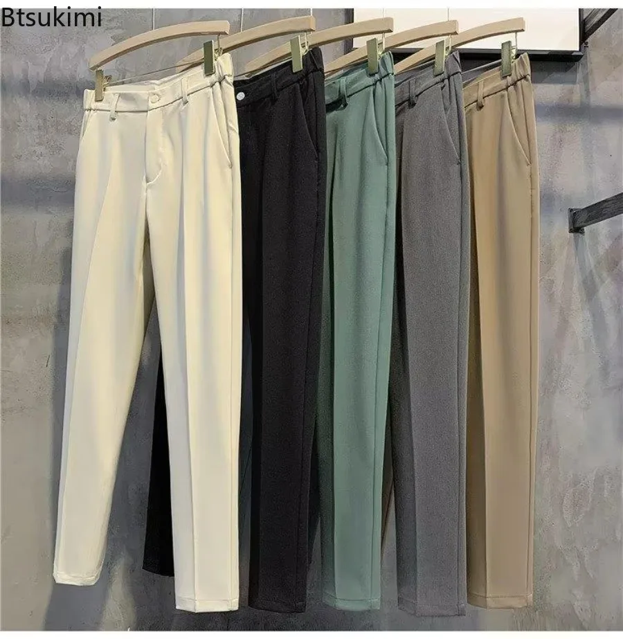 Fashion New Men\'s Tapered Suit Pants Solid Casual Korean Style Slim Pencil Pants Classic Zipper Man Ankle-length Casual Trousers