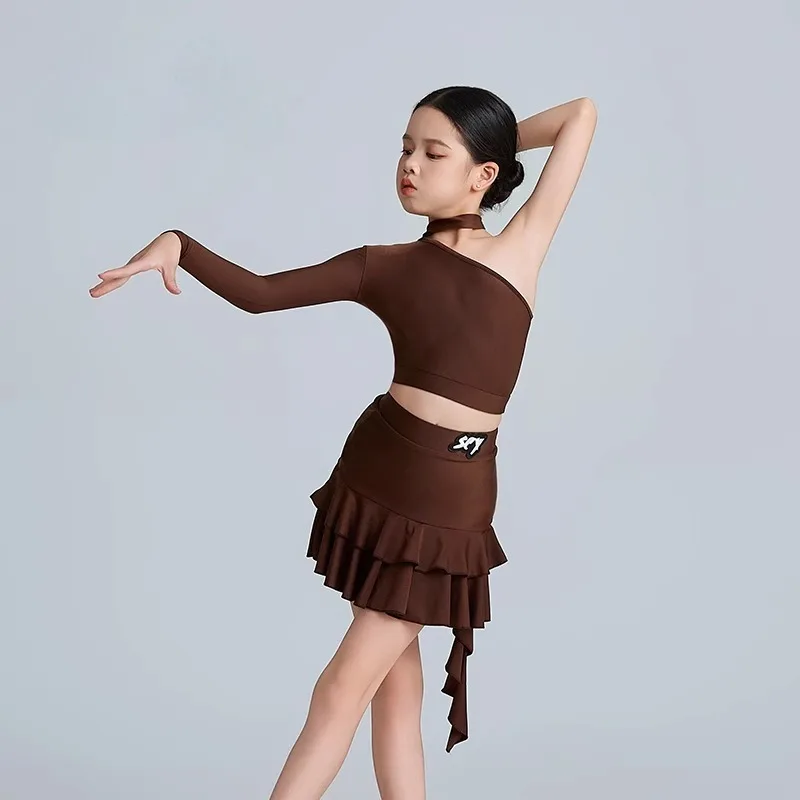 Girls Latin Dance Clothes Red Brown Suit Cha Cha Rumba Samba Training Tops Skirt Practice Clothing Kids Dance Dress