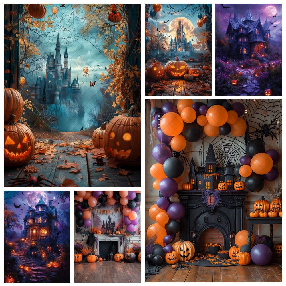 Halloween Night Background Photography Horror Haunted House Pumpkin Lantern Black Stone Road Backdrop Kids Holiday Party Studio