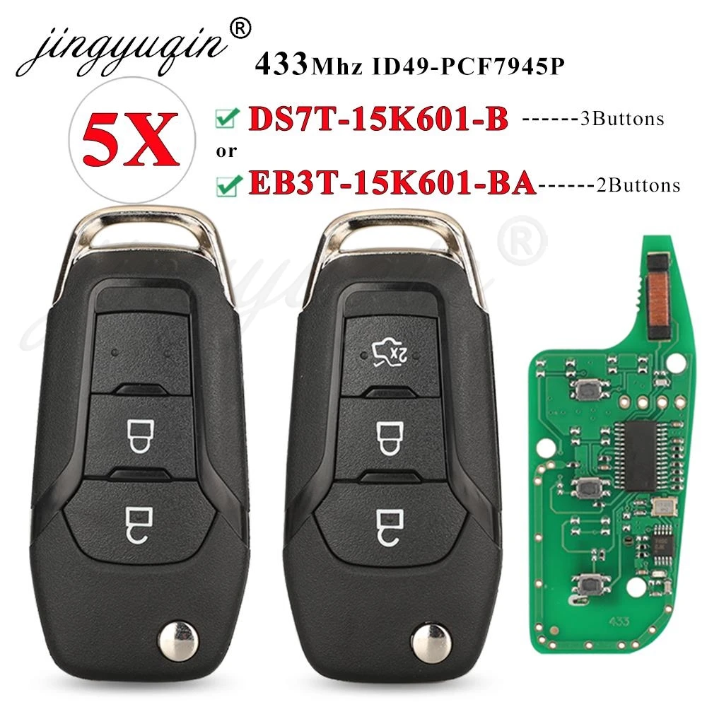 

jingyuqin 5pcs/lot Flip Remote Key Fob ID49 433Mhz For Ford F150 Ranger Galaxy S-Max KA+ Mondeo V DS7T-15K601-B /EB3T-15K601-BA