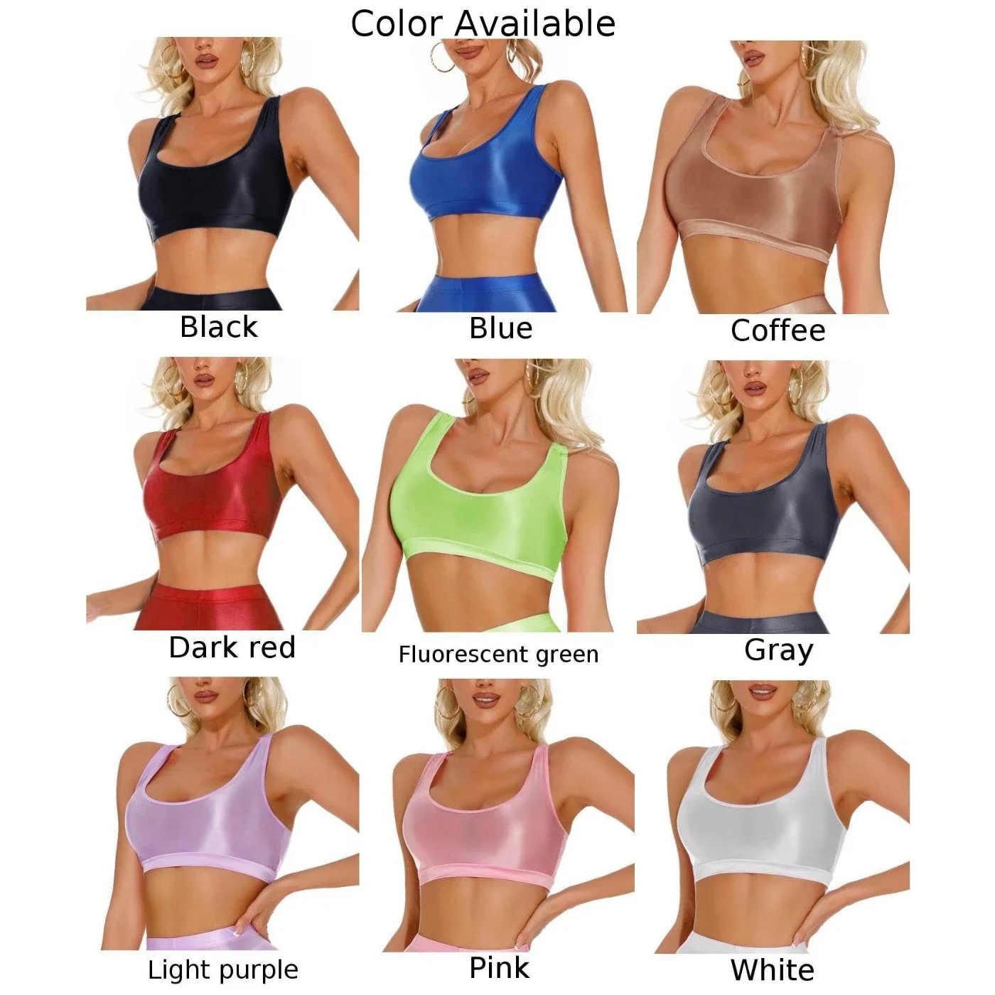 Sexy Women Glossy Oily Crop Tops Gym Sports Bra Vest Yoga T-Shirts U Neck Smooth Seamless Tank Tops Solid Color Lingerie