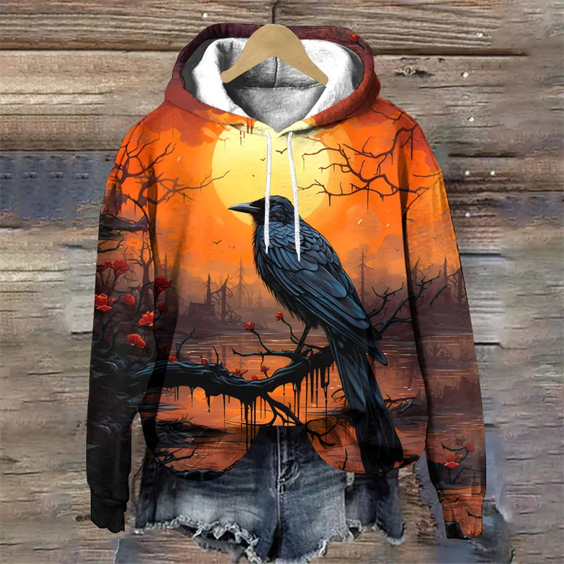 Ghost Crow Pattern Hoodie For Men Halloween 3D Printed Long Sleeves Casual Pullover Streetwear Tops Hoodies Unisex Sweatshirt