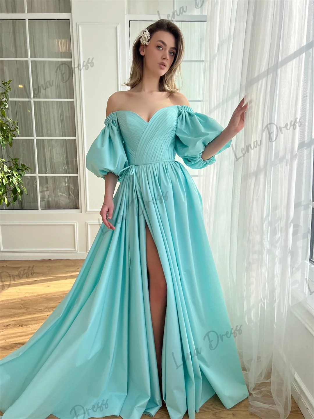 Lena-2024 New Sweetheart Bubble Sleeves Satin A-Line Floor to Floor Dress Customized Evening Ball Evening Dress