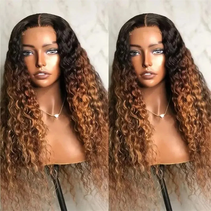 Long 26inch 180Density Kinky Curly Ombre Brown Blonde Lace Front Wig For Black Women Baby Hair Daily Natural Hairline Preplucked