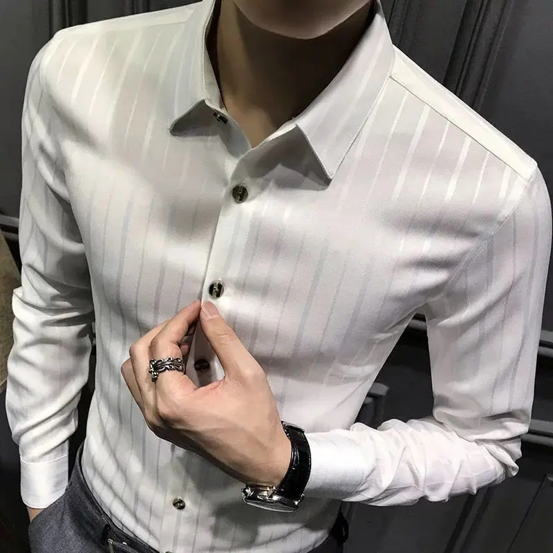 Korean Slim Youth Striped Shirt Tops Men\'s Spring Autumn New Long Sleeve Polo Neck Casual Blouse Vintage Trend Men Clothing