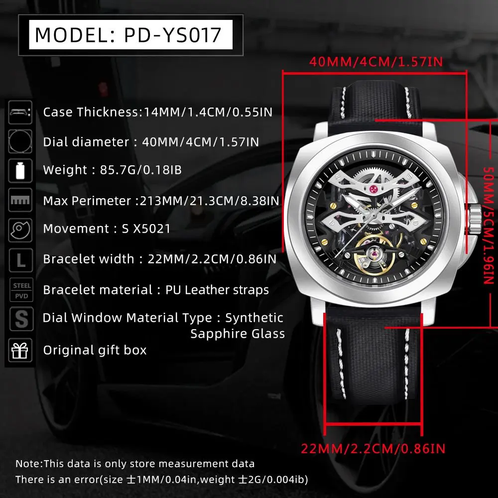PAGANI DESIGN YS017 Men's Hollow Automatic Mechanical Watch Creative Dial Tourbillon Sapphire Glass 100M Waterproof Wristwatches view 5