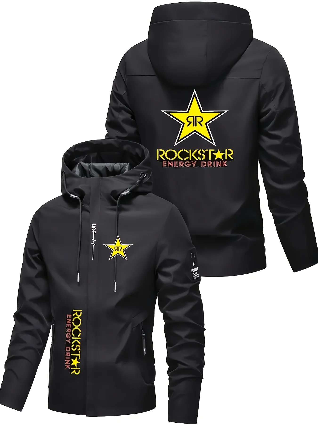 سترة بغطاء للرأس ثقيلة الوزن للرجال من Rockstar Logo - معطف بسحاب كامل مقاوم للرياح مع جيوب بسحاب ملابس خارجية للدراجات النارية في الشارع