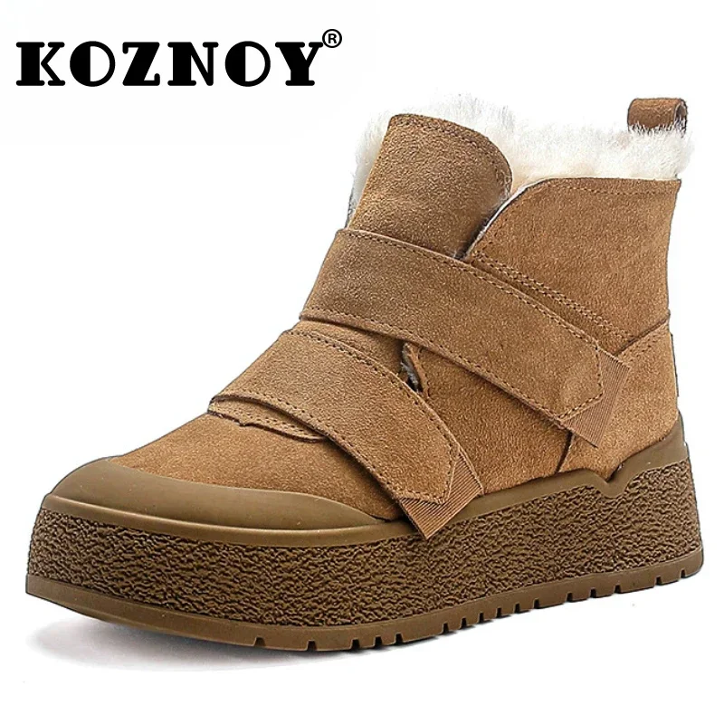 Koznoy 4cm Suede Genuine Leather Hook Ankle Boots Flats Spring Autumn Winter Plush Warm Concise Soft Soled Casual Women Shoes