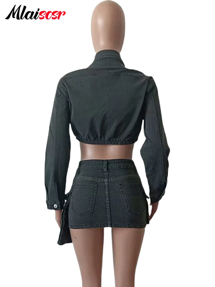 Maiscsr-Conjunto de dos piezas para mujer, traje Sexy de mezclilla negra elástica, chaquetas de manga larga, Tops cortos y minifaldas, Jean de cumpleaños