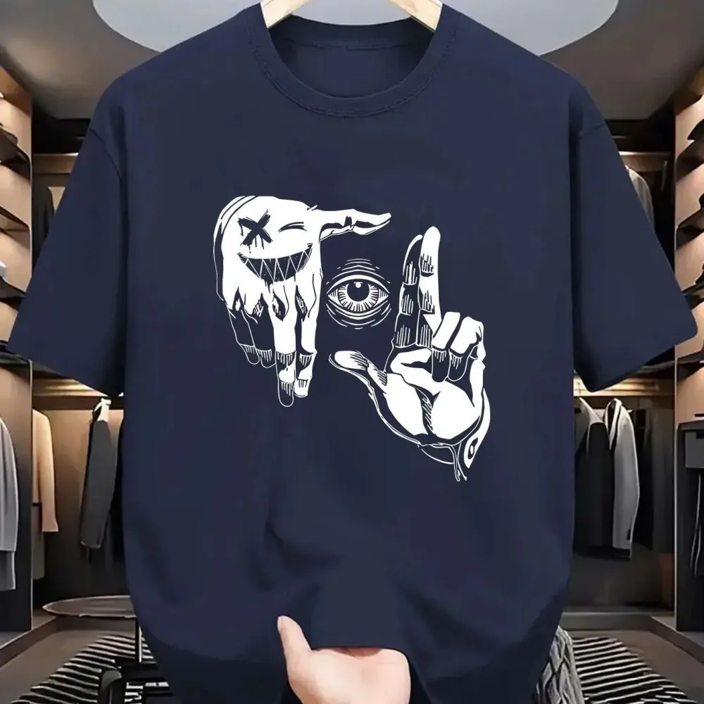 تي شيرت رجالي صيفي من البوليستر موديل 2025 برقبة دائرية قابل للتنفس مع نمط شخصي للعين الإيماءات مطبوع في الهواء الطلق