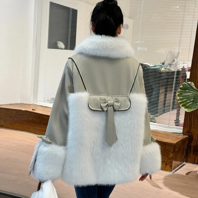 Fur One Plus Velvet Thicken Warm Parker Coat Autumn Winter New Fashion Stitching Ladies Long Mao Mao Leather Coat Women Overcoat