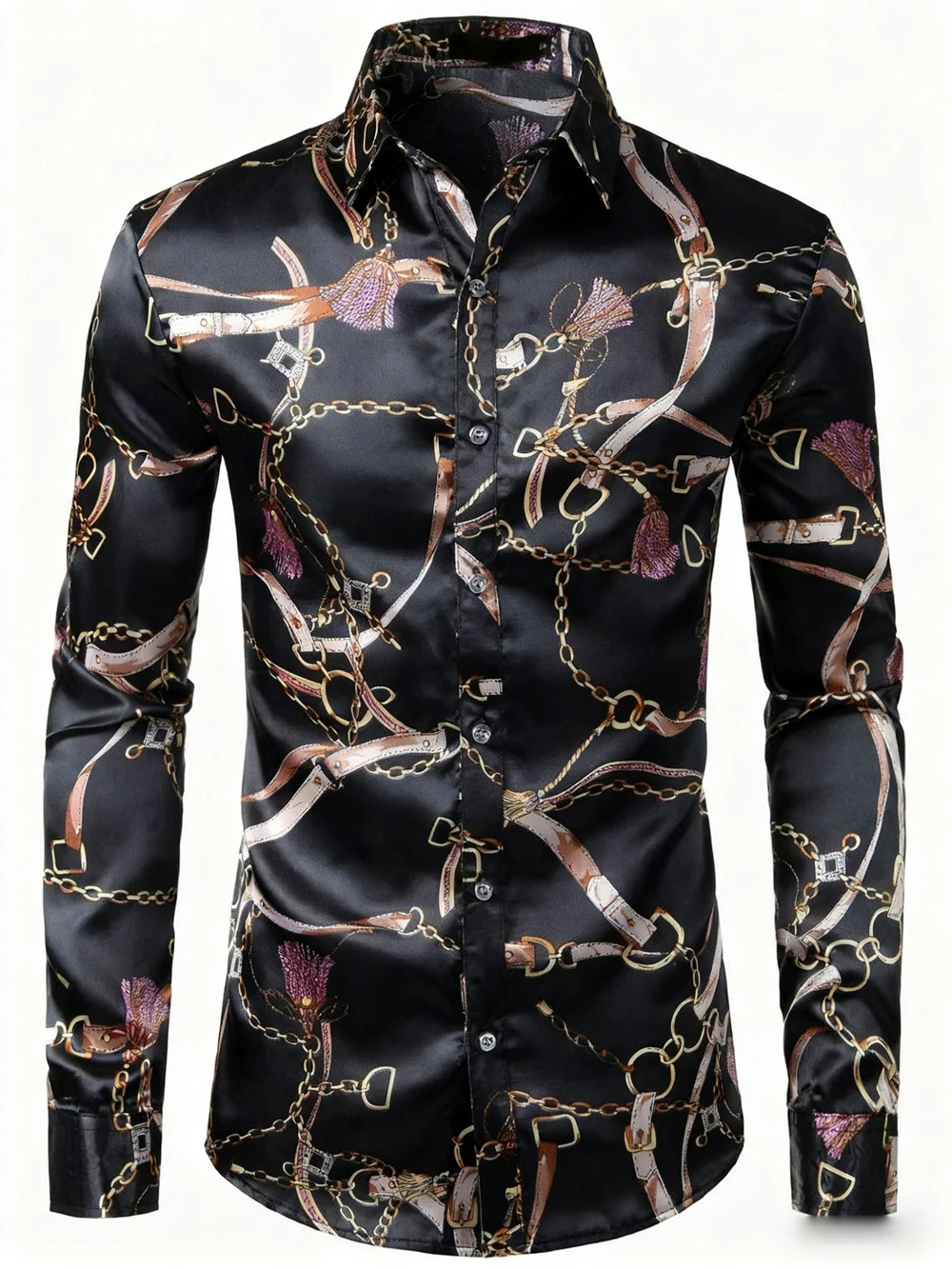 

Men's Gold Chain Hawaii Shirts Butterfly 3d Print Shirts Men Fashion Long Sleeve Beach Blouse Luxury Lapel Shirt Top Clothing