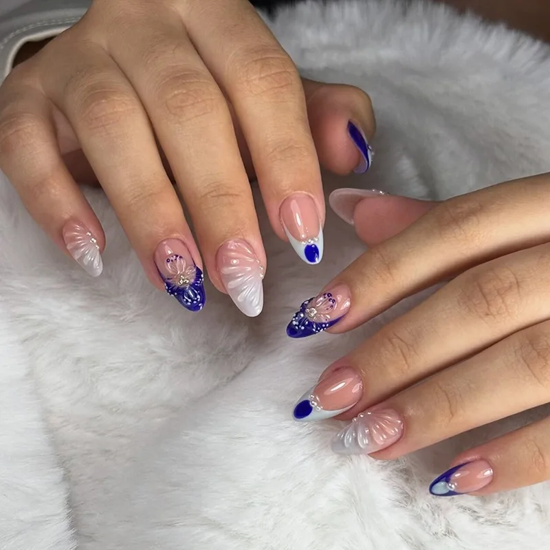 

24Pcs Mid-length Almond Fake Nails Blue White French 3D Flower Press on False Nails Pearlescent Gradient Wearable Manicure Tips