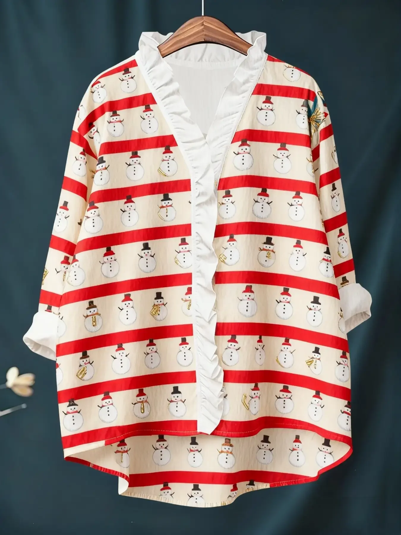 

2026 Women's Christmas Digital Printed New Long Sleeve Shirt with Ruffle Collar, Apricot, red striped snowman pattern