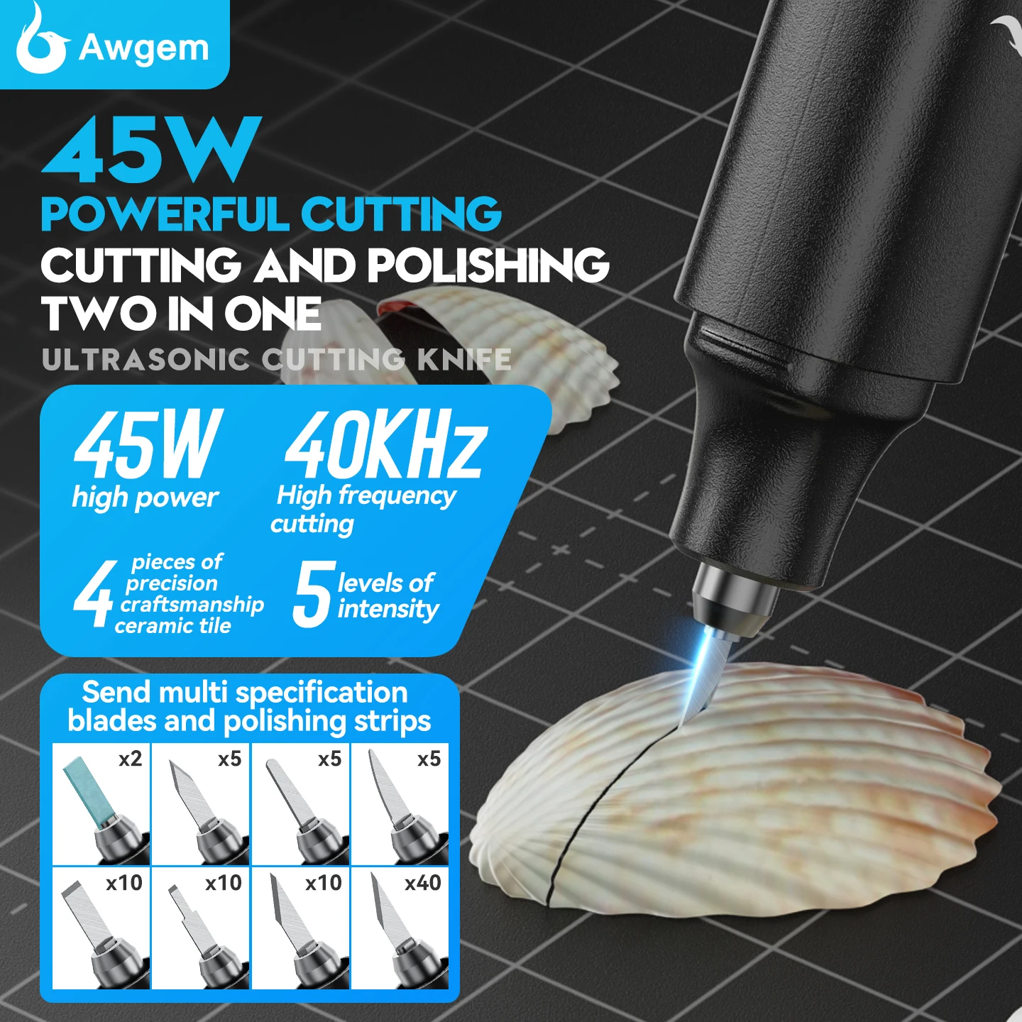 Awgem 40KHz High-Frequency Cutting Knife Ultrasonic Cutter DIY Electric Carving Tool for Plastic/Resin/3D Printing/Textile