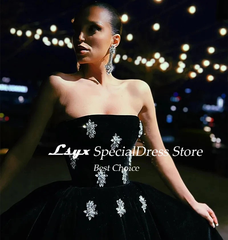 Strapless Velour Black Evening Dresses 2024 Crystal Beads A-line Tea-length Elegant Prom Dresses vestidos de gala mujer