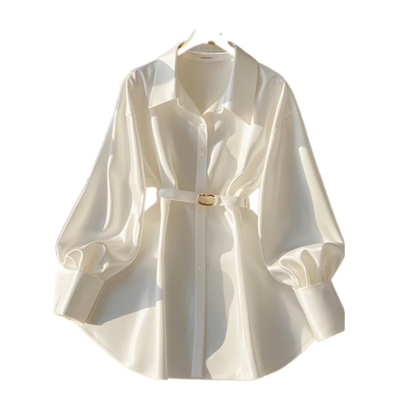 Autumn New French Temperament Waist Top Fat Light Luxury Senior Sense Age-reducing White Long-sleeved Shirt Women Comfort