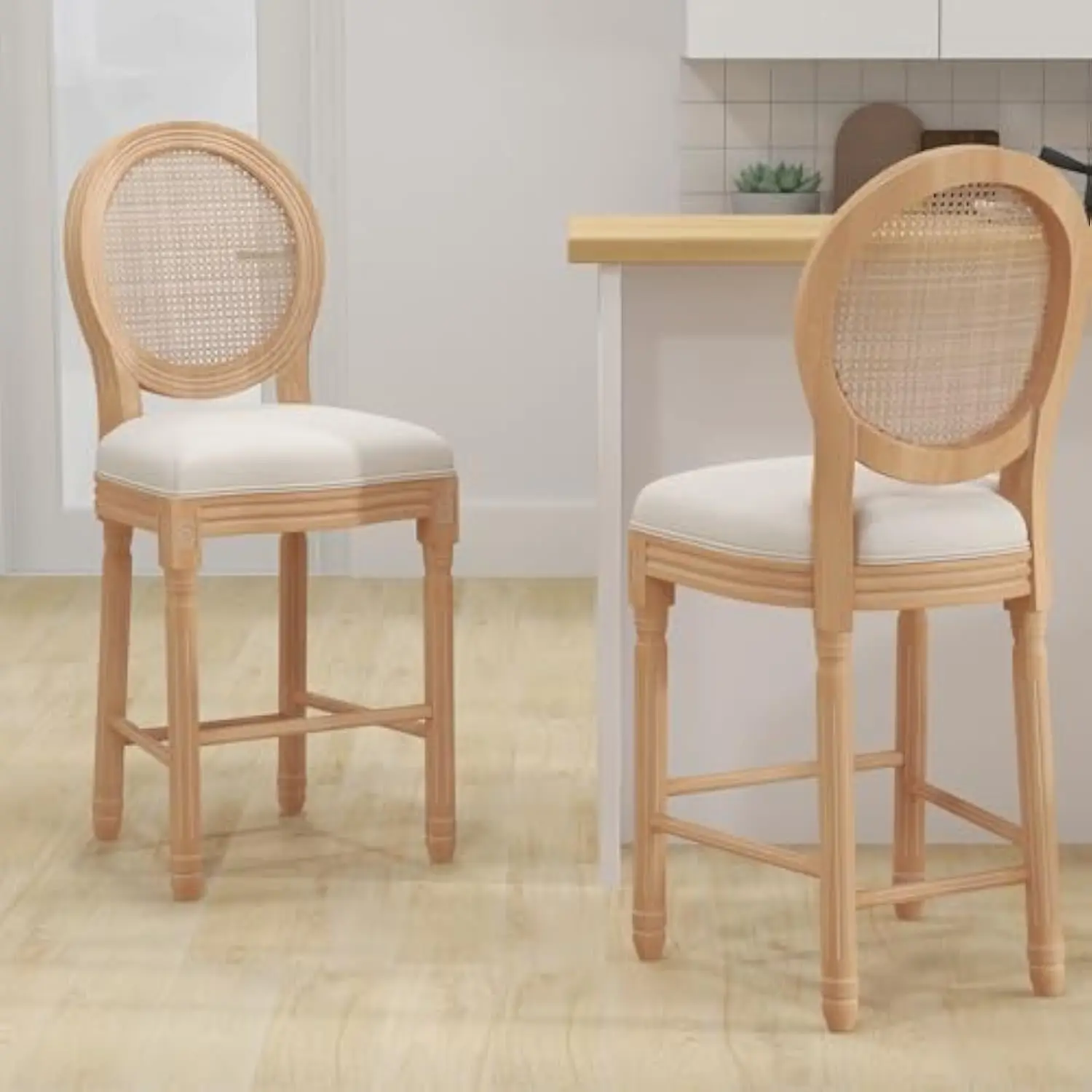 

Barstools Set of 2, Upholstered French Country Bar Stools with Linen Fabric Rattan Back, 27 英寸 Seat Height Counter Chairs Wit