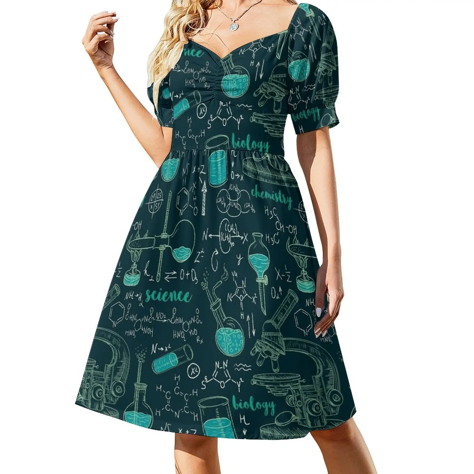 

Vintage seamless pattern old chemistry laboratory with microscope, tubes and formulas. Short Sleeved Dress