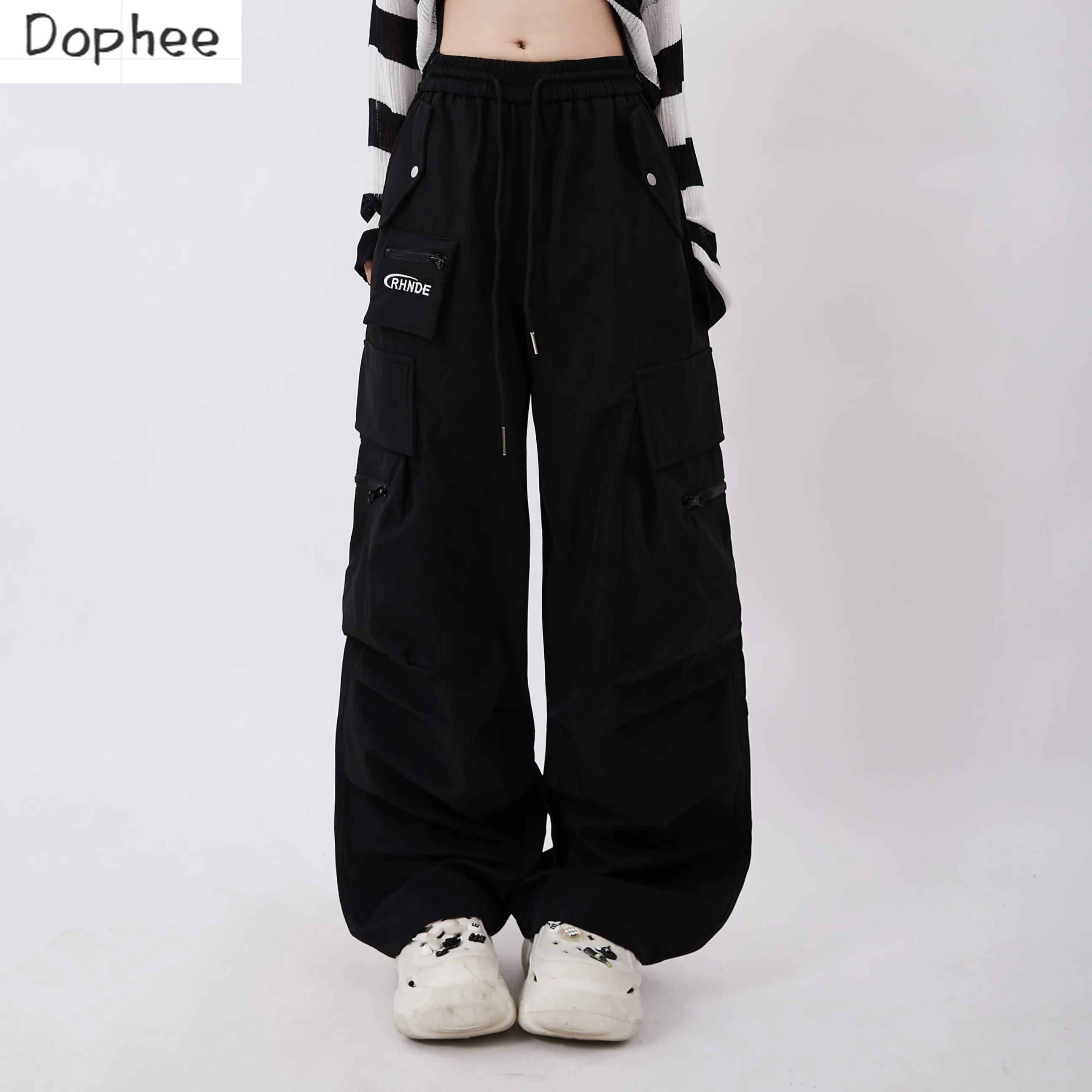 

Dophee New Autumn Black Cargo Pants for Women Embroidery Letters Zip Poackets Straight Pants Spice Girls Loose Casual Overalls