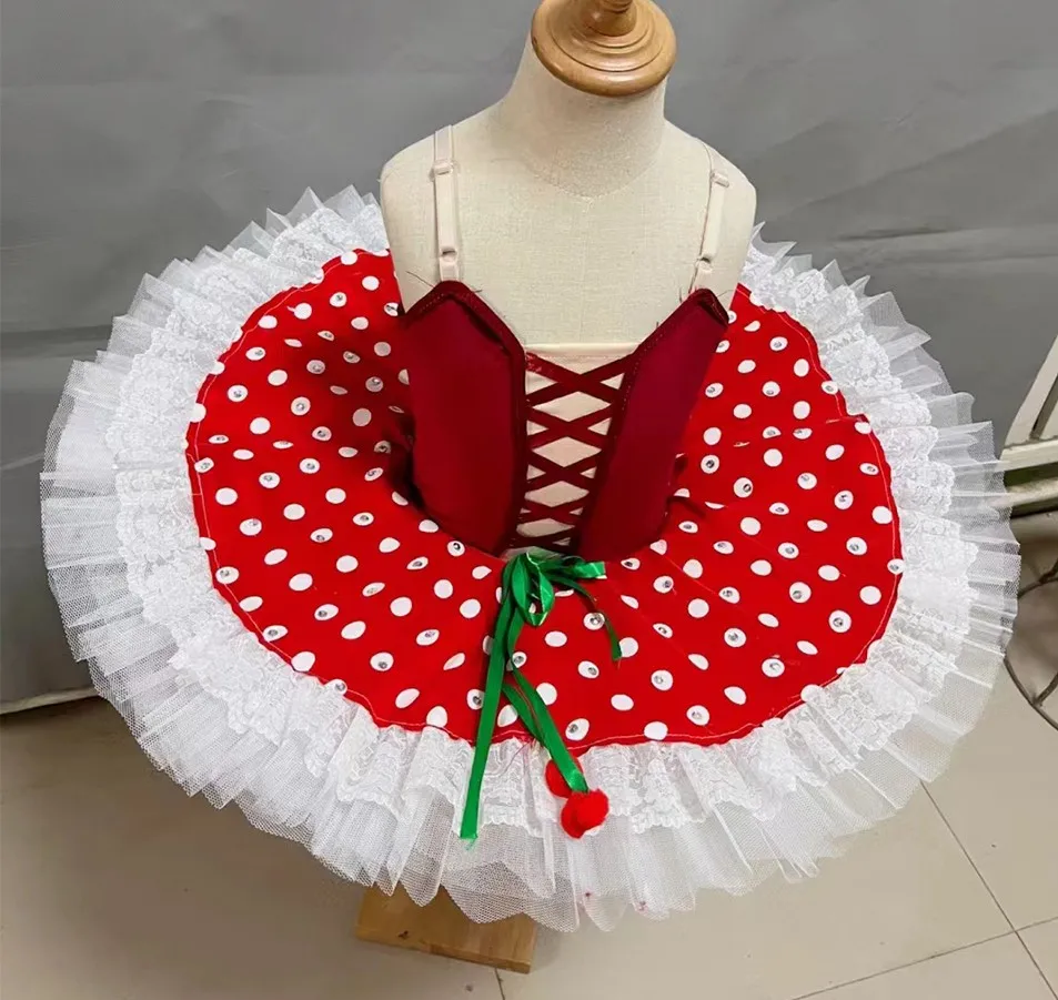 Costume de ballet en dentelle pour filles, tutu de performance professionnelle, robe de princesse à pois, ballerine rouge pour enfant, phtalwomen